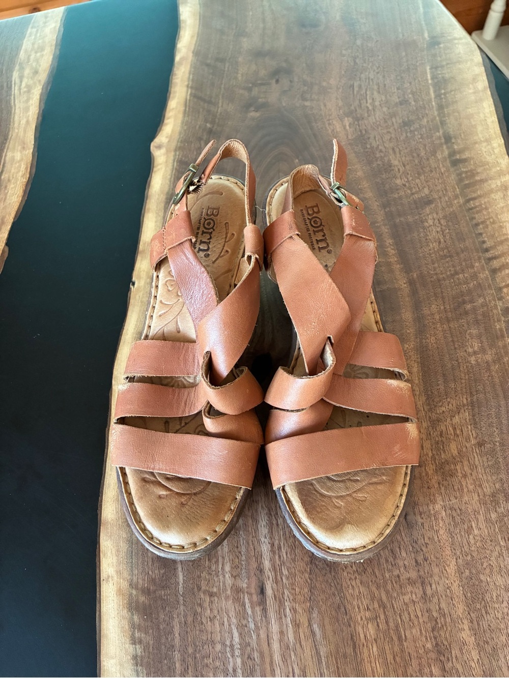 Born Cognac Leather Strappy Wedge Sandals - Picture 3 of 4